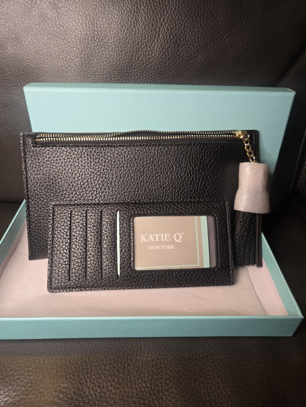 Black Pebbled Leather Wristlet Clutch with Tassel